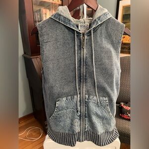 Vintage PBJ Blue Hooded Vest Mens Medium Denim Knit Zip Up Grunge Sleeveless